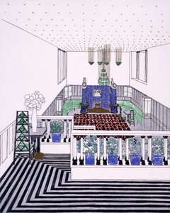 Suuri parvekkeellinen vastaanottohuone Wienin secession tyyliin, 1900-luvun alussa tekijältä Leopold Bauer